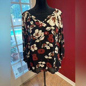 Lucky Brand Sheer Black Floral Peasant Blouse  – Size Medium - Boho Chic